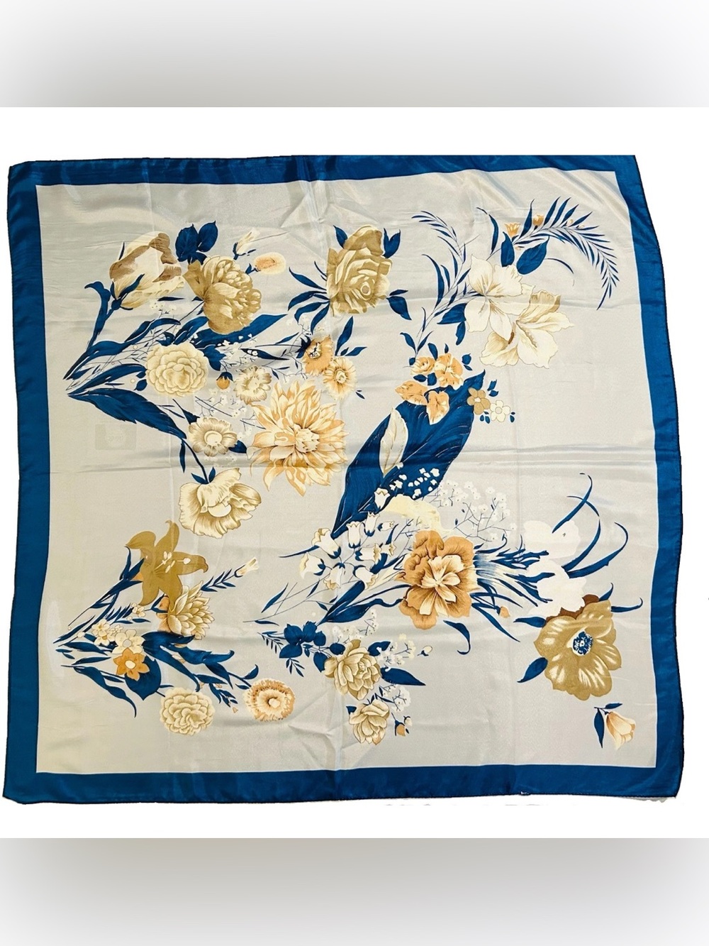 Vintage Blue & Gold Flowers Floral Silky 35" Square Scarf Elegant Bandana